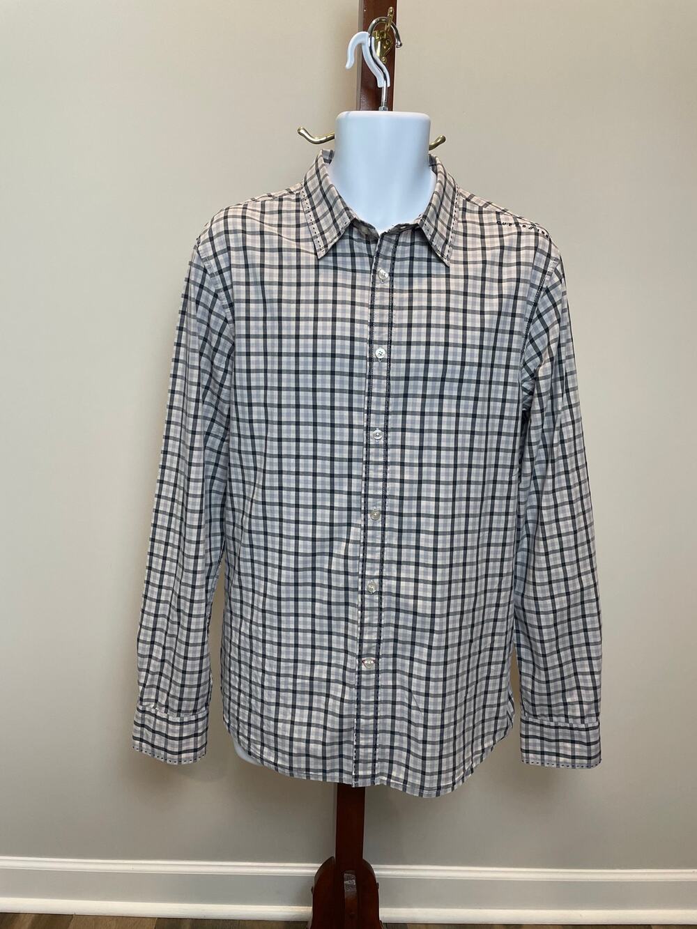 Guess Plaid Button‑Down Shirt Size L Blue Black White Cotton